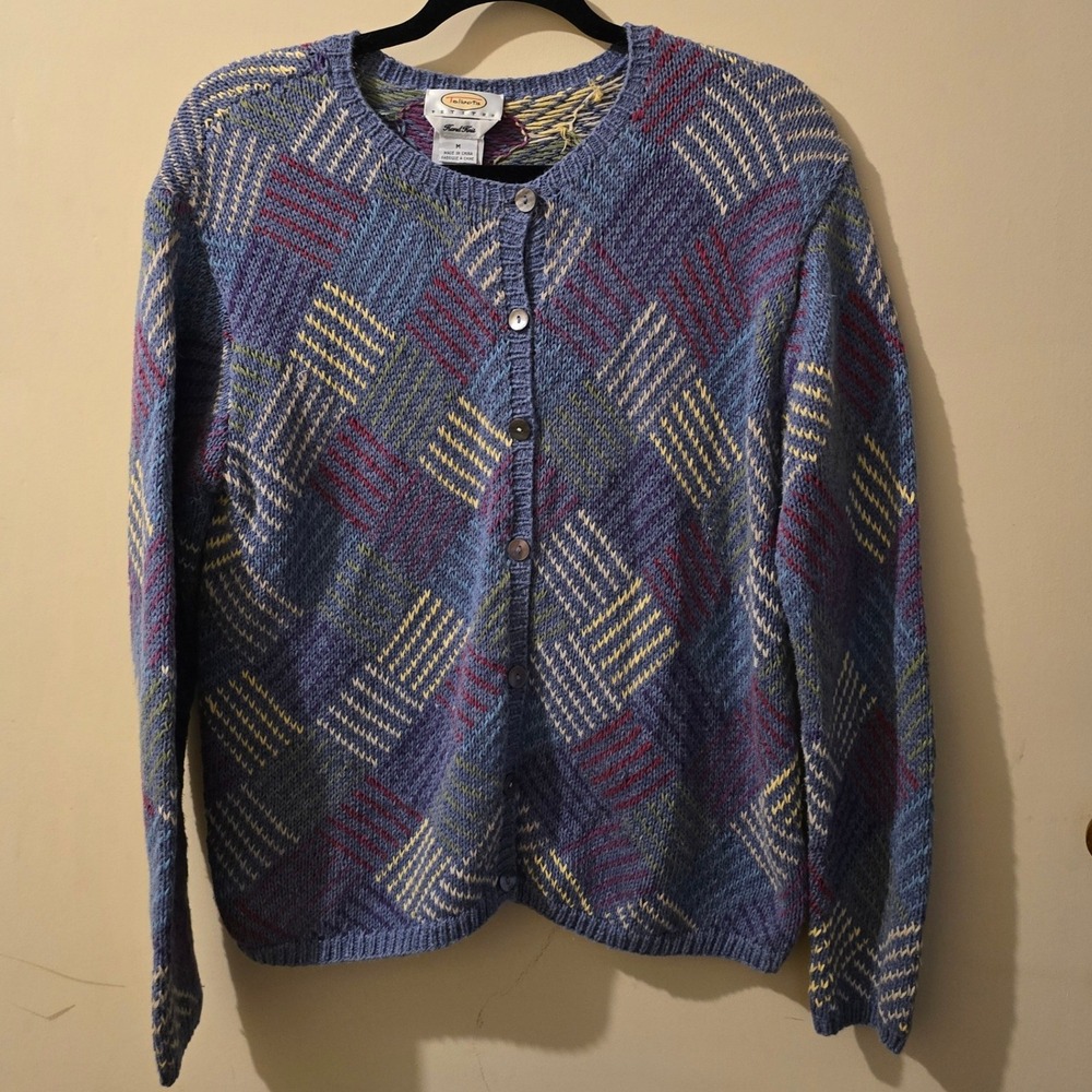 Talbots Petites Hand Knit Cardigan Blue Multi Patchwork Cotton Linen Sweater M
